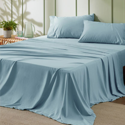 Picture of Bedsure California King Sheet Sets - Soft 1800 Sheets for California King Size Bed, 4 Pieces Hotel Luxury Sky Blue Sheets Cal King, Easy Care Polyester Microfiber Cooling Bed Sheet Set