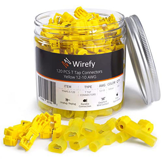 Picture of Wirefy 120 PCS T Tap Wire Connectors - Quick Splice Wire Connectors - Quick Disconnect Wire Taps - Yellow 12-10 AWG