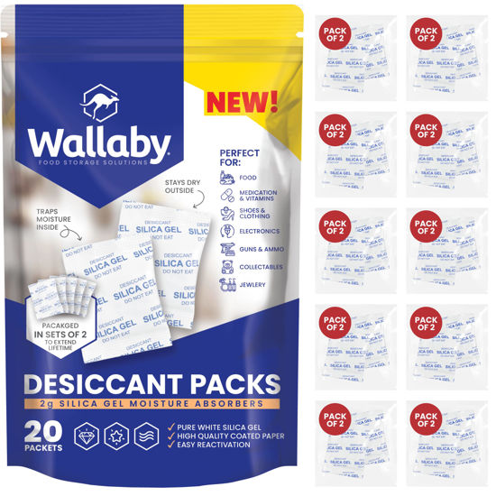 Picture of Wallaby 2 gram (20 Packets) Food Safe Pure White Silica Gel Desiccant Dehumidifier Packs - Rechargeable & Coated Moisture Absorbers - Protects Against Moisture Damage - (Packed in 10x Sets of 2)