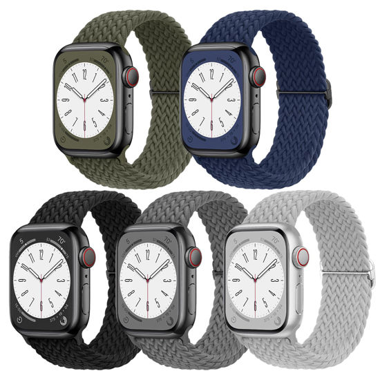 Picture of EOMTAM 5 Pack Braided Stretchy Adjustable Straps Compatible for Apple Watch Band 38mm 40mm 41mm 42mm 44mm 45mm 49mm for Women Men ,Sport Elastic Nylon Cloth Wristbands for iWatch Series Ultra 8 SE 7 6 5 4 3(Blue,44)