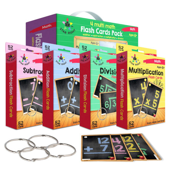 Picture of Star Right Math Flash Cards Set of 4 - Addition, Subtraction, Division, & Multiplication Flash Cards - 4 Rings - 208 Math Flash Cards - Ages 6 & Up - Kindergarten, 1st, 2nd, 3rd, 4th, 5th & 6th Grade