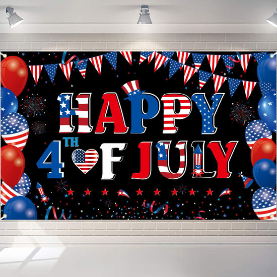 Picture of Happy 4th of July Backdrop Banner Independence Day Patriotic Theme Bunting Banner, Fourth of July Party Supplies White