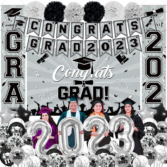 Picture of Silver Black Graduation Party Decorations 2023,Class of 2023 Graduation Party Supplies Include Congrats Grad Banner, Grad Backdrop, Porch Sign,Balloons,Foil Number 2023 for Graduation Party Supplies