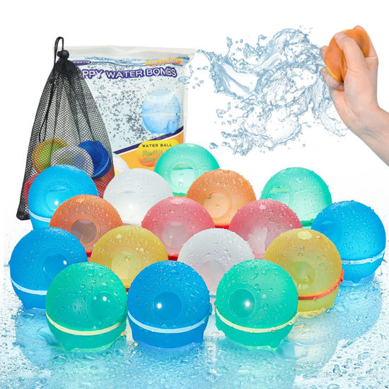 Picture of HILIOP Reusable Water Balloons for Kids Adults, Silicone Refillable Water Bombs Magnetic Water Balloons Self Sealing Quick Fill with Mesh Bag (16PCS - Space Capsule)