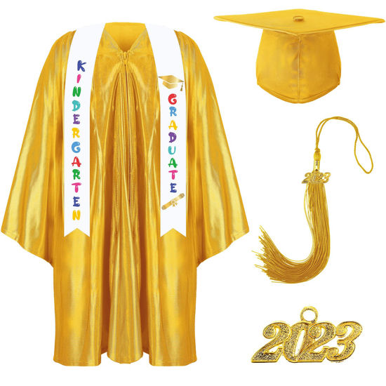 Picture of Foaincore 2023 Year Preschool and Kindergarten Graduation Gown Cap Tassel Set with 2023 Charm Printed Stole for Kid Grad Gift (Yellow, 33)