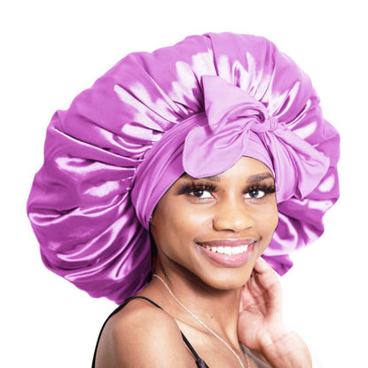 Picture of Bonnet Queen Silk Bonnet for Sleeping Satin Bonnet Hair Bonnet for Sleeping Sleep Bonnet with Tie Edge Scarf Big Bonnets for Braids Women Curly Hair Fraux Weaves Locs Lilac