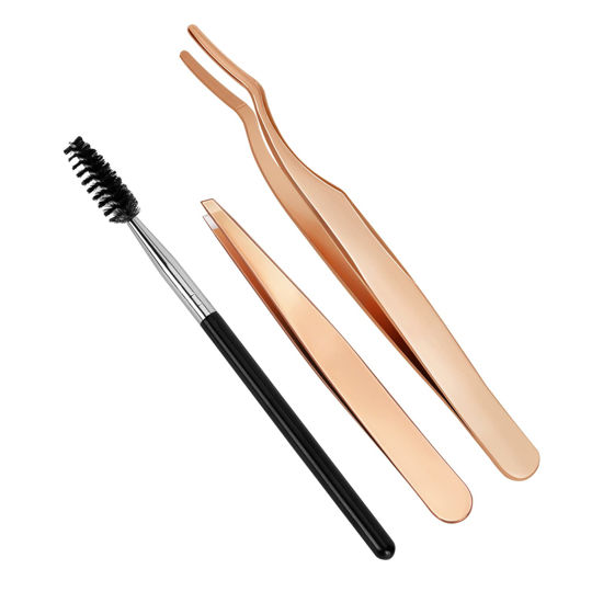 Picture of 3 Pcs DIY Eyelash Applicator Tool Stainless Steel Cluster Lash Tweezers Eyelash Tweezers Application and Removal False Eyelash Applicator with Eyelash Brushes Strong Grip Lash Tools Rose Gold