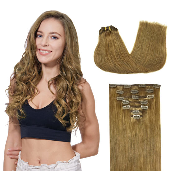 Picture of GOO GOO Clip in Human Hair Extensions Remy Ash Brown Clip in Straight Real Hair Extensions Natural Hair 105g 16 inch