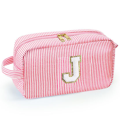 Picture of YOOLIFE Cosmetic Travel Bag for Women - Personalized Initial Small Cute Pink Makeup Bag Make Up Bags Makeup Case Toiletry Pouch Gift for Women Her Birthday Friends Female Friendship Mom Teacher J