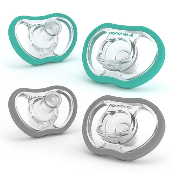 Picture of Nanobebe Active Baby Pacifiers 4-36 Months - Orthodontic, Lightweight and Vented, Curves Comfortably with Face Contour, 100% Silicone - BPA Free, Perfect Baby Registry Gift 4pk, Teal/Grey