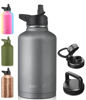 Picture of CIVAGO 64 oz Insulated Water Bottle With Straw, Half Gallon Stainless Steel Sports Water Flask Jug with 3 Lids (Straw, Spout and Handle Lid), Large Metal Thermo Cup Mug, Cool Gray