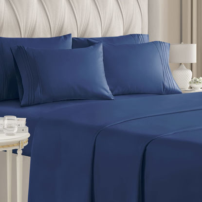 Picture of Cooling Bed Sheet Set - 6 Piece Set - Hotel Luxury Extra Soft - Deep Pockets - Easy Fit - Wrinkle Free - Royal Blue -King Size, Navy Blue - 6 PC