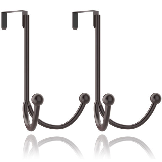 Picture of HFHOME 2Packs Over The Door Double Hanger Hooks, Metal Twin Hooks Organizer for Hanging Coats, Hats, Robes, Towels- Brown