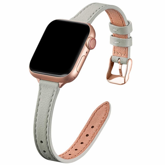 Picture of STIROLL Slim Leather Bands Compatible with Apple Watch Band 38mm 40mm 41mm 42mm 44mm 45mm 49mm,Top Grain Leather Watch Thin Wristband for iWatch Ultra SE Series 8/7/6/5/4/3/2/1(Gray with Rose Gold)