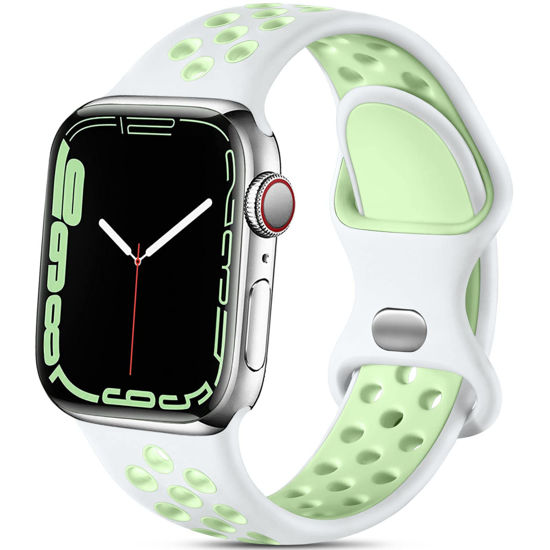 Picture of Lerobo Compatible with Apple Watch Band 45mm 44mm 49mm 42mm iWatch Bands 41mm 40mm 38mm Women Men,Soft Silicone Sport Breathable Replacement Strap for Apple Watch SE Series 8 7 6 5 4 3 2 1,White/Green