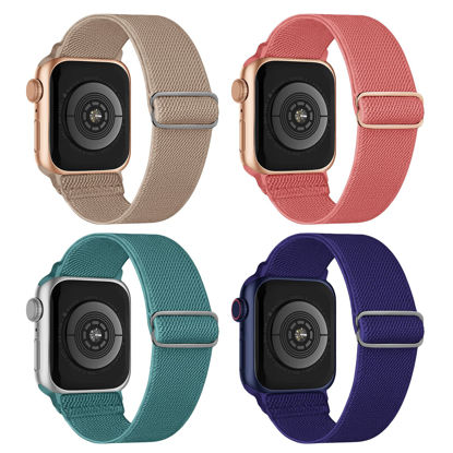 Picture of Stretchy Nylon Solo Loop Bands Compatible with Apple Watch 38mm 40mm 41mm 42mm 44mm 45mm 49mm, Adjustable Braided Sport Elastic Wristbands Women Men Straps for iWatch Series 8/7/6/5/4/3/2/1/SE/Ultra, 4 Packs