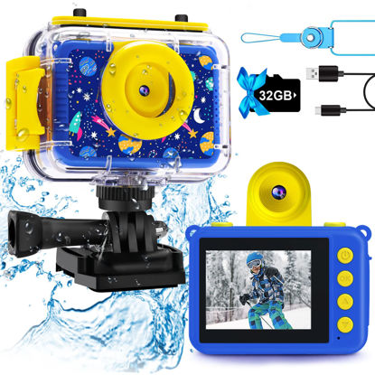 Picture of GKTZ Kids Waterproof Camera Toys for 3-12 Years Old Boys Christmas Birthday Gifts Kids Selfie Camera Toddler Underwater Sports Camera Children Digital Action Camera with 32GB Card (Dark Blue)