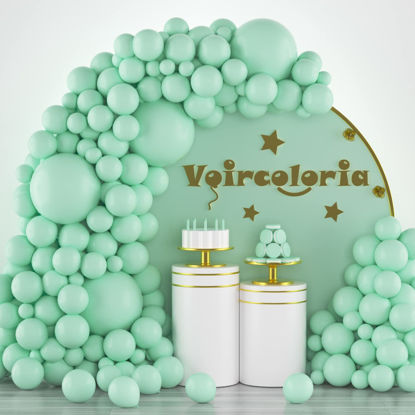 Picture of Voircoloria 130pcs Mint Green Balloons Different Sizes 18" 12" 10" 5" Pastel Light Green Balloons for Boys Girls Birthday Baby Shower Gender Reveal Wedding Decorations