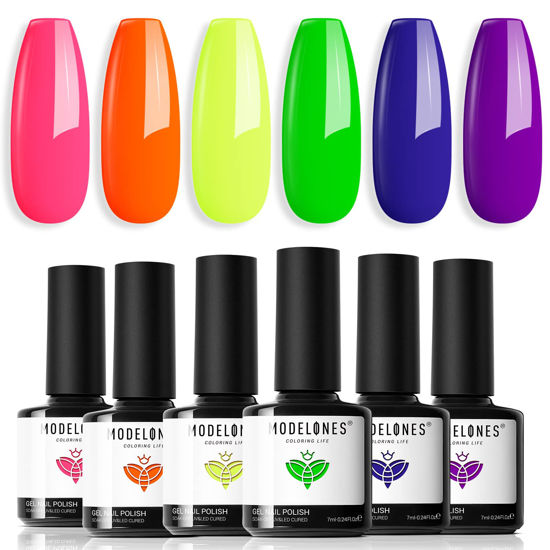 Picture of modelones Neon Gel Nail Polish Set - Summer 6 Colors Gel Polish Hot Pink Orange Bright Nail Polish Gel Neon Yellow Green Purple LED Gel Nail Kit Popular Nail Art DIY Manicure Gifts for Women DIY Salon