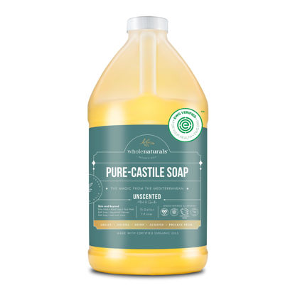 Picture of WHOLENATURALS Pure Castile Soap Liquid, EWG Verified & Certified Palm Oil Free - 64 Oz. - 1/2 Gallon Unscented, Natural Soap, Mild & Gentle Non-gmo & Vegan - Organic Body Wash, Laundry, and Baby Soap