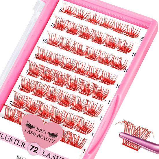 Picture of Lash Clusters, 72 Pcs Colored Individual Cluster Lashes DIY Lash Extension 8-16 mix Eyelash Clusters Volume Wispy Lashes Super Thin Band Reusable Soft & Comfortable(Red,Nartual-D-8-16mix)