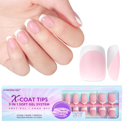 Picture of BTArtboxnails French Tips Gel Nail Tips, 150Pcs French Tip Press on Nails Pink Extra Short Square 3 in 1 X-coat Tips, Pre-applied Tip Primer & Base Coat Cover, 15 Sizes Pre-french No Need to File Soft Gel Fake Nails for Nail Extension Easy DIY