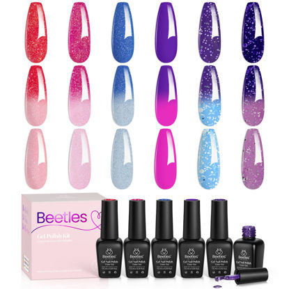 Picture of Beetles Color Changing Gel Nail Polish Kit, 6 Colors Pink Red Glitter Blue Purple Temperature Change Gel Polish Soak Off Uv Led Spring Nails Gel Polish Diy Nail Art Salon Manicure Gifts for Women