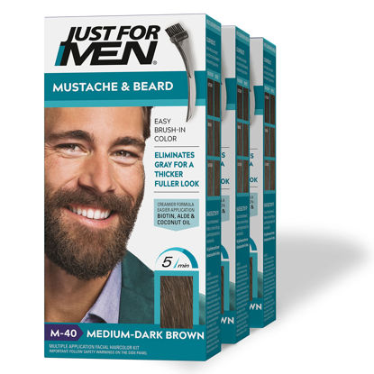 Picture of Just For Men Mustache & Beard, Beard Dye for Men with Brush Included for Easy Application, With Biotin Aloe and Coconut Oil for Healthy Facial Hair - Medium-Dark Brown, M-40, Pack of 3