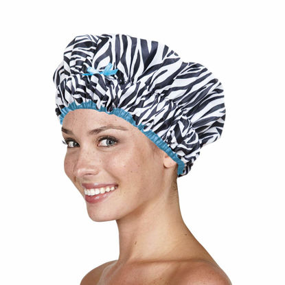 Picture of Reusable Shower Cap & Bath Cap & Lined, Oversized Waterproof Shower Caps Large Designed for all Hair Lengths with PEVA Lining & Elastic Band Stretch Hem Hair Hat - Fashionista Sassy Stripes