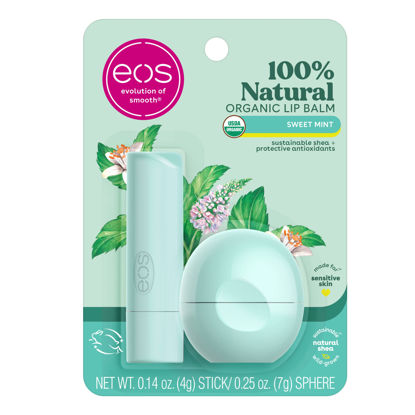 Picture of eos 100% Natural & Organic Lip Balm- Sweet Mint, Dermatologist Recommended, All-Day Moisture Lip Care, 0.39 oz, Stick & Sphere