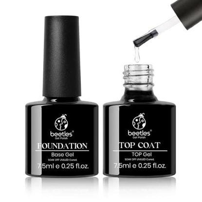 Picture of Beetles 2pcs 7.5ml No Wipe Gel Top Coat and Base Coat Set, Soak Off LED Clear Gel Base Top Gel Glossy Shine Finish Long Lasting Gel Polish Base and Top Coat Gel Lamp Halloween Nails Art DIY Home