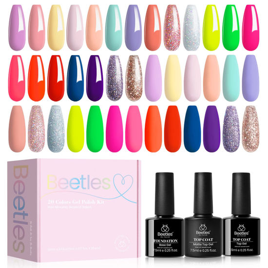 Picture of Beetles 20 Pcs Gel Nail Polish Kit Yellow Red Hot Pink Neon Nail Polish Gel Nude Pastel Pink Blue Gel Polish Set with Glossy & Matte Top and Base Coat Soak off Nail Lamp Manicure Kit Gifts for Women