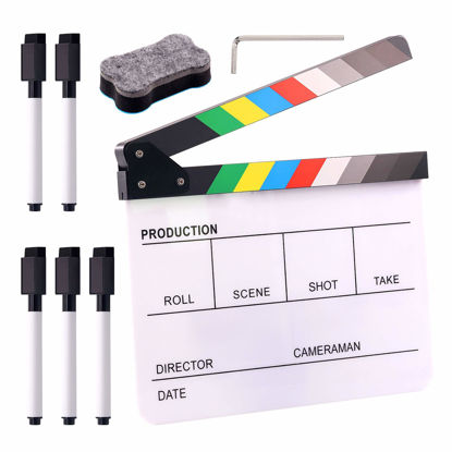 Picture of Swpeet 8Pcs 10"x12" Acrylic Film Movie Directors Clapboard Kit, Magnetic Blackboard Eraser, M3 Hex Wrench and 5Pcs Custom Pens Dry Erase Director Clapper Coating Board Slate for Director or Film Fans