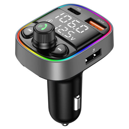 Picture of LIHAN Wireless Bluetooth Car Adapter,FM Transmitter AUX Radio Receiver,Handsfree Call,QC3.0 & Type-C USB Car Charger Ports, 7 Color Backlit with 2 LED Display, TF Card & USB Music Player