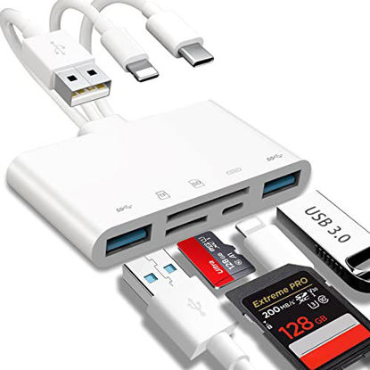 Picture of 5-in-1 Memory Card Reader, USB OTG Adapter & SD Card Reader for iPhone/iPad, USB C and USB A Devices with Micro SD & SD Card Slots, Supports SD/Micro SD/SDHC/SDXC/MMC