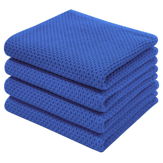 Picture of Homaxy 100% Cotton Waffle Weave Kitchen Dish Towels, Ultra Soft Absorbent Quick Drying Cleaning Towel, 13x28 Inches, 4-Pack, Blueberry