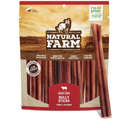 Picture of Natural Farm Bully Sticks, Odor-Free (7 Inch, 20 Pack), 100% Beef Treats for Pups, Small and Medium Dogs, Non-GMO, Grain-Free, Fully Digestible, Long Lasting Whole Beef Pizzle Chews