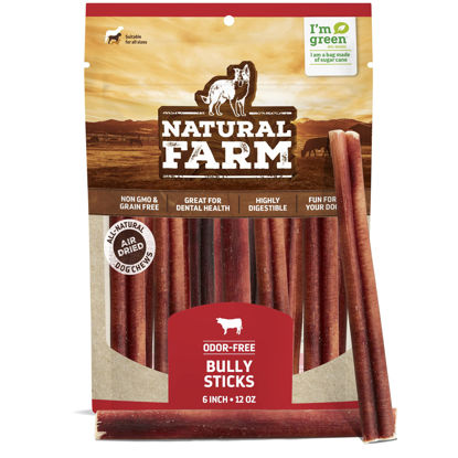 Picture of Natural Farm Bully Sticks, Odor-Free, (6 Inch, 12 Ounces), Packaged by Weight, 100% Beef Pizzle Chews, Grass-Fed, Fully Digestible Treats to Keep Your Puppies, Small and Medium Dogs Busy