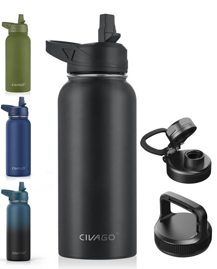 Picture of CIVAGO 32 oz Insulated Water Bottle With Straw, Stainless Steel Sports Water Cup Flask with 3 Lids (Straw, Spout and Handle Lid), Wide Mouth Travel Thermal Mug, Black