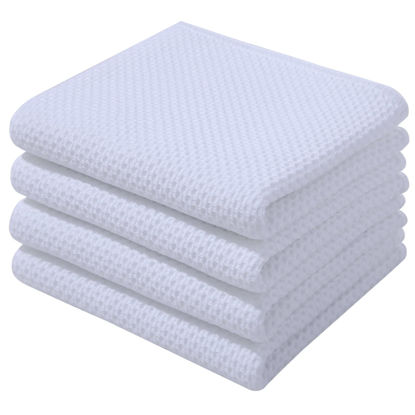 Picture of Homaxy 100% Cotton Waffle Weave Kitchen Dish Towels, Ultra Soft Absorbent Quick Drying Cleaning Towel, 13x28 Inches, 4-Pack, White