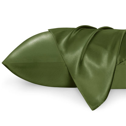 Picture of Bedsure Satin Pillowcase for Hair and Skin Queen - Olive Green Silk Pillowcase 2 Pack 20x30 Inches - Satin Pillow Cases Set of 2 with Envelope Closure, Gifts for Women Men