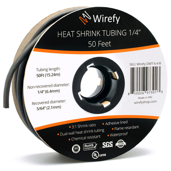 Picture of Wirefy 1/4" Heat Shrink Tubing - 3:1 Ratio - Adhesive Lined - Marine Grade Heat Shrink - Black - 50 Feet Roll