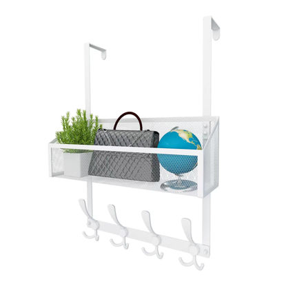 Picture of Kaiferty Over The Door Hooks Organizer, Door Hanger Towel Rack Mesh Basket with 12 Hooks,Over The Door Storage Coat Hooks Behind Door Organizer for Bathroom,Bedroom,Kitchen,Office(White)