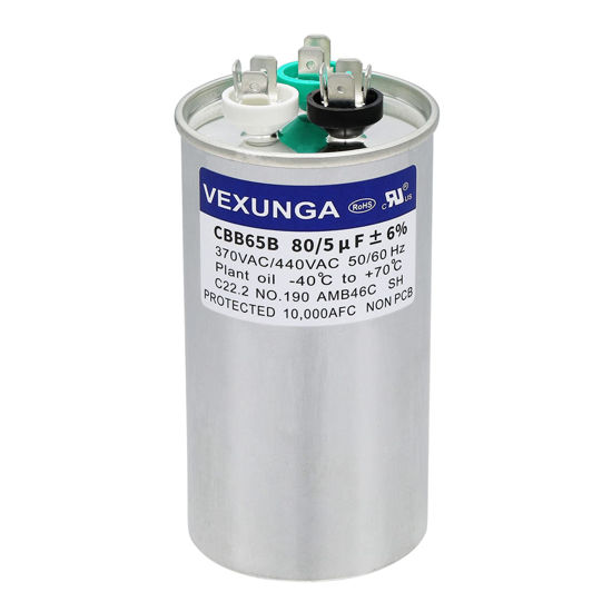 Picture of VEXUNGA 80/5 uF 80+5 MFD 370VAC or 440VAC Dual Run Start Round A/C Capacitor CBB65 CBB65B Air Conditioner Capacitors for AC Unit Fan Motor Start or Heat Pump or Condenser Straight Cool