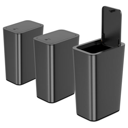 Picture of N. NETDOT 3 Pack 10 L/2.6 Gal Bathroom Trash Can with Lid, Small Kitchen Trash Can with Press Type Lid, Black Trash Can/Slim Garbage Cans/Trash Bin/Waste Basket for Bathroom,Kitchen,Office,Bedroom