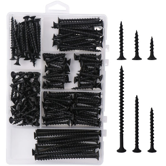 Picture of JEGONFRI High Hardness Drywall Screws Assortment Kit, 166 pcs, Coarse Thread, Phillips Drive, Black Wood Screws, Screws Assortment, Screws Set, 6 Sizes (3”,2”,1-1/2”,1-1/4”,1”,3/4”)