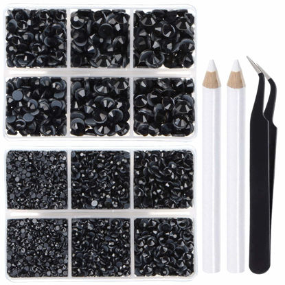 Picture of LPBeads 6400 Pieces Hotfix Rhinestones Black Flat Back 5 Mixed Sizes Crystal Round Glass Gems with Tweezers and Picking Rhinestones Pen