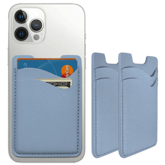 Picture of Phone Wallet Stick On, Leather Phone Card Holder, Stretchy Card Holder for Back of Phone Credit Card Holder for Phone Case Compatible with Most Cell Phone (iPhone, Samsung) - 2Pack Blue