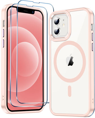 Picture of Temdan Magnetic Case for iPhone 12 Case & iPhone 12 Pro Case Clear,[Compatible with Magsafe 12 FT Shockproof ][2 Pcs Glass Screen Protector] [Not Yellowing] Slim Thin Phone Case Cover -Pink