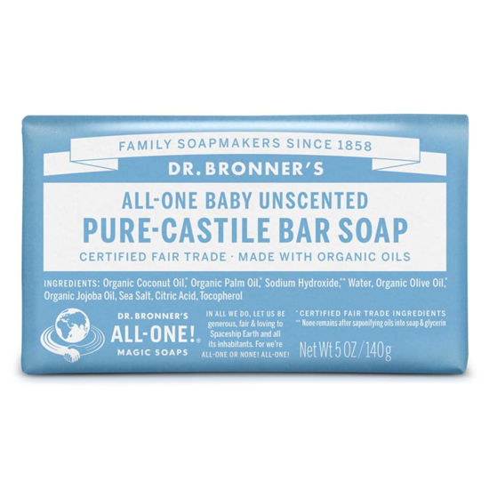 Picture of Dr. Bronner’s - Pure-Castile Bar Soap (Baby Unscented, 5 ounce) - Made with Organic Oils, For Face, Body and Hair, Gentle for Sensitive Skin and Babies, No Added Fragrance, Biodegradable, Vegan